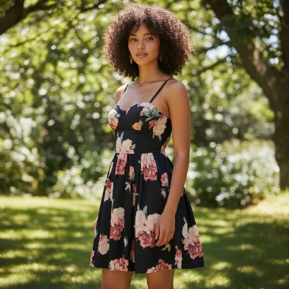 Band of Gypsies Dresses & Skirts - BAND OF GYPSIES Smocked Mini Dress XS Black Floral Skater Peplum Corset Sara